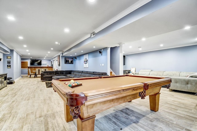 game room with baseboards, recessed lighting, pool table, light wood-style floors, and crown molding