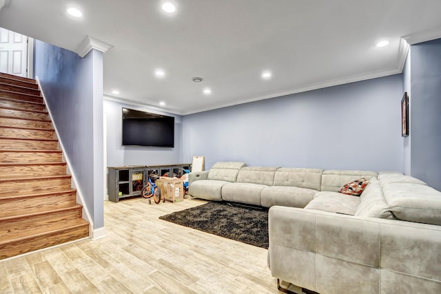 living area with stairway, recessed lighting, crown molding, and wood finished floors