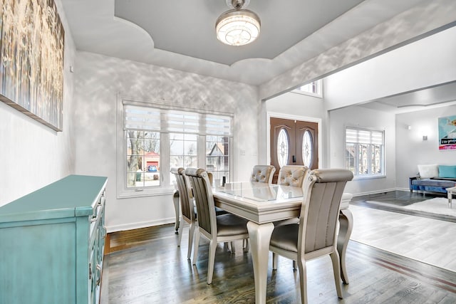 dining area featuring a raised ceiling, wood finished floors, and baseboards