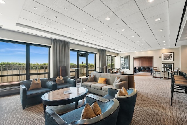 living area featuring a drop ceiling, recessed lighting, and carpet