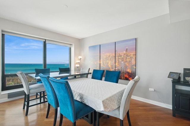 dining space featuring baseboards, wood finished floors, and a water view