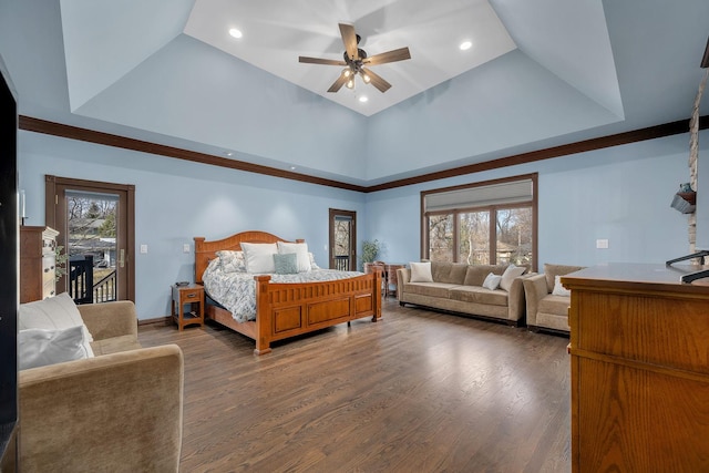 bedroom with a tray ceiling, multiple windows, and wood finished floors