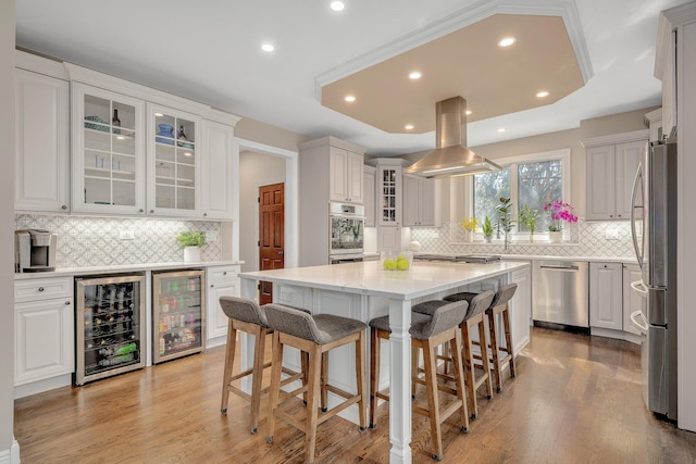 kitchen featuring a tray ceiling, wine cooler, island exhaust hood, and appliances with stainless steel finishes