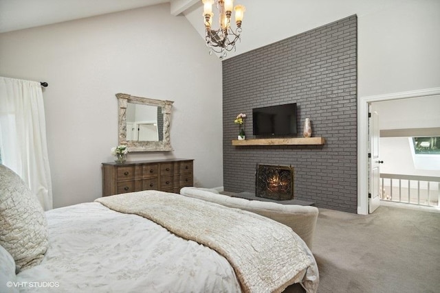 carpeted bedroom featuring a chandelier, beamed ceiling, a brick fireplace, and high vaulted ceiling