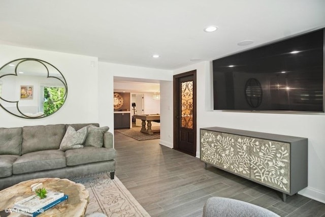 living room with billiards, recessed lighting, wood finished floors, and baseboards