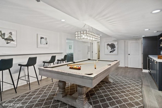 recreation room with recessed lighting, pool table, baseboards, and dark wood-style flooring