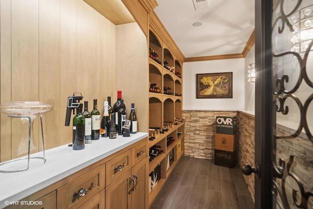 wine area with visible vents, dark wood-style flooring, wainscoting, and crown molding