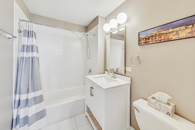 bathroom with tile patterned flooring, vanity, toilet, and shower / tub combo