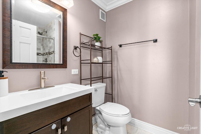 bathroom featuring visible vents, crown molding, toilet, a stall shower, and vanity