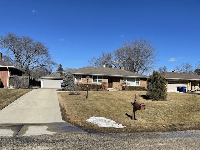 ranch-style home featuring a front yard, fence, brick siding, and a chimney