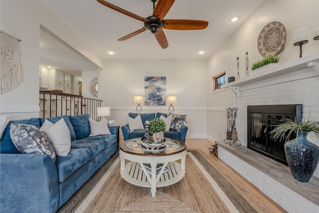 421 Dodson St, Geneva, IL 60134 - living area featuring ceiling fan, wood finished floors, a fireplace, recessed lighting, and baseboards
