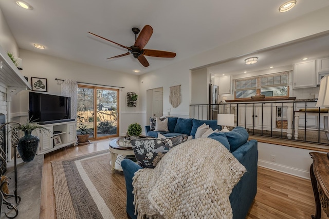 421 Dodson St, Geneva, IL 60134 - living area featuring a ceiling fan, light wood finished floors, and recessed lighting