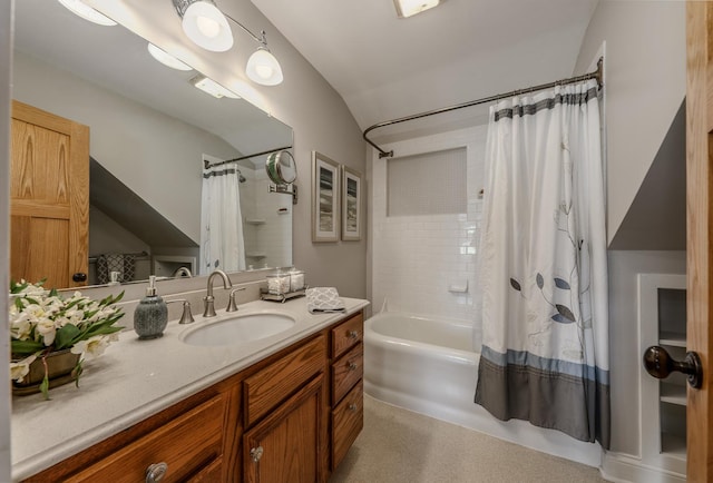 421 Dodson St, Geneva, IL 60134 - bathroom featuring shower / bath combo with shower curtain, vanity, and lofted ceiling