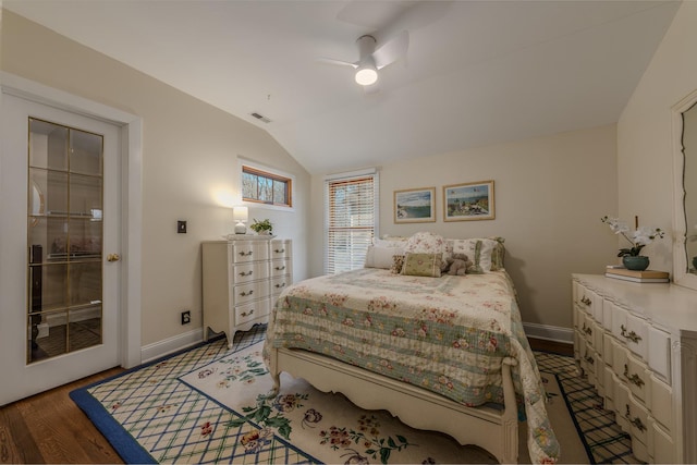 421 Dodson St, Geneva, IL 60134 - bedroom featuring lofted ceiling, baseboards, wood finished floors, access to exterior, and ceiling fan