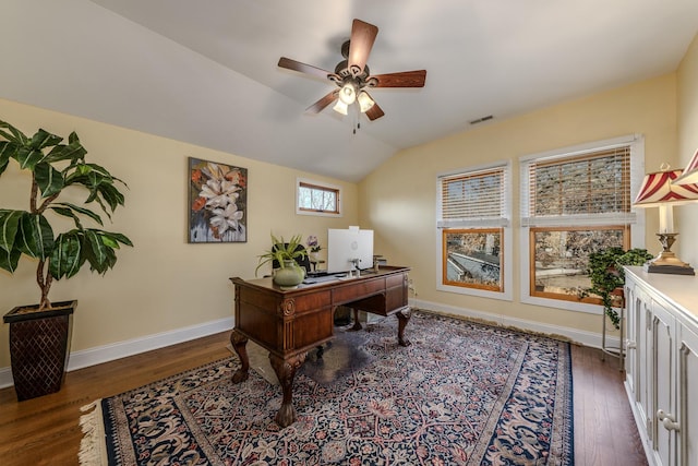 421 Dodson St, Geneva, IL 60134 - office space with ceiling fan, dark wood-style floors, vaulted ceiling, and baseboards