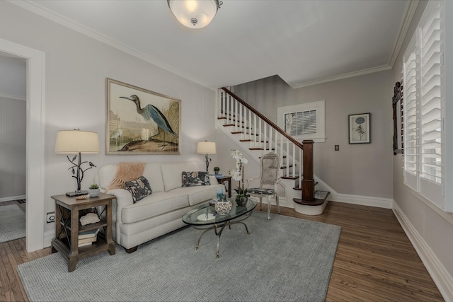 421 Dodson St, Geneva, IL 60134 - living room featuring wood finished floors, stairs, ornamental molding, and baseboards