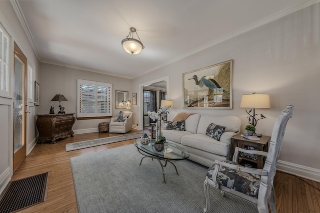 421 Dodson St, Geneva, IL 60134 - living area featuring ornamental molding, wood finished floors, and baseboards
