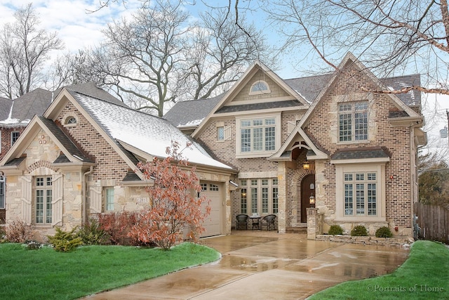 view of front of house with brick siding, stone siding, driveway, and an attached garage