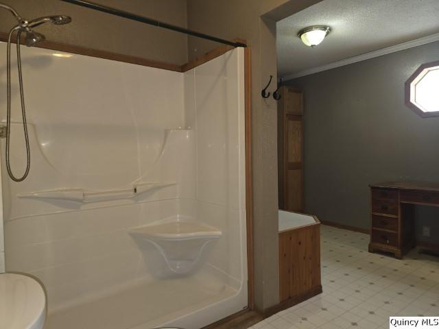 full bath featuring tile patterned floors, a textured ceiling, crown molding, a shower, and vanity