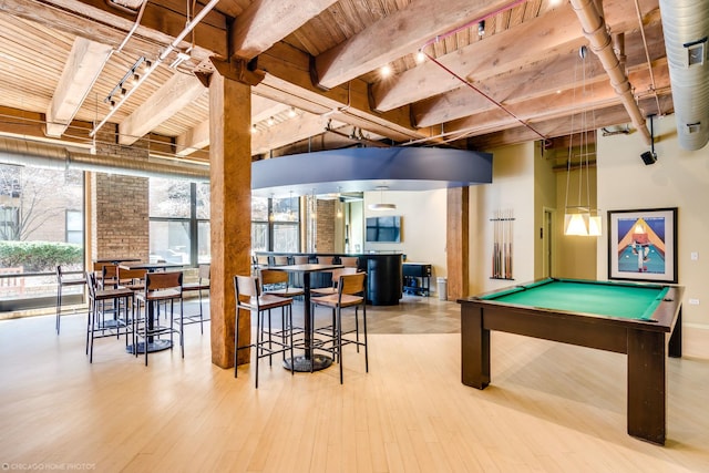 playroom with beamed ceiling, wood ceiling, billiards, and wood finished floors