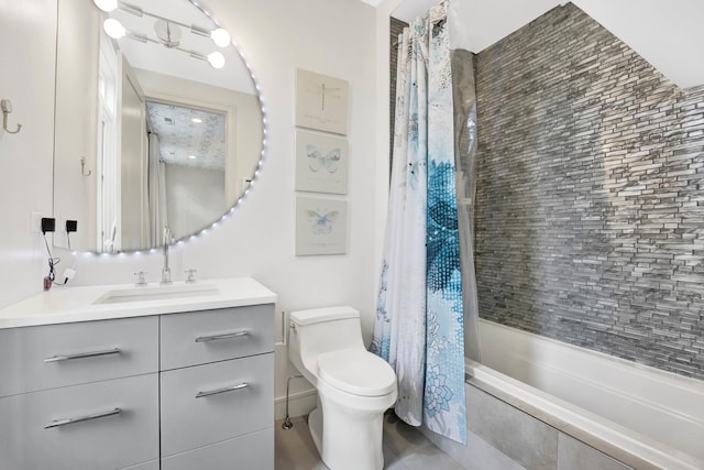 full bathroom with tile patterned flooring, toilet, vanity, and shower / bathtub combination with curtain