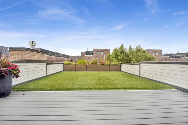 wooden terrace featuring a yard and a fenced backyard