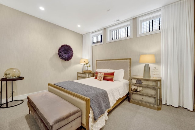 bedroom with visible vents, recessed lighting, carpet, and baseboards