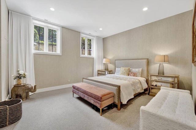 bedroom with recessed lighting, carpet, and baseboards