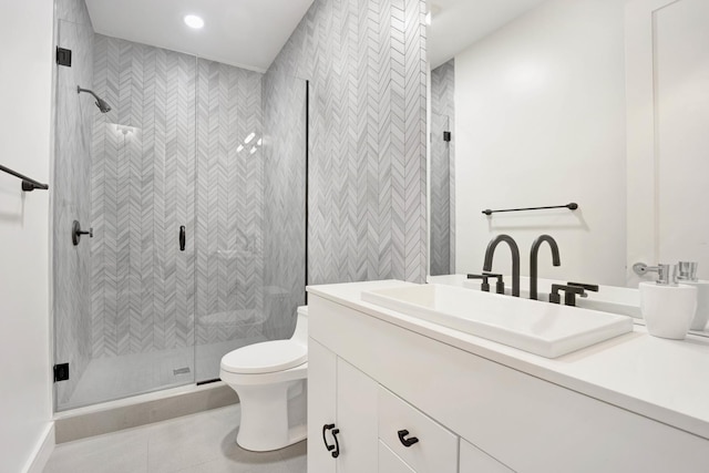 full bathroom with tile patterned floors, toilet, recessed lighting, a shower stall, and vanity