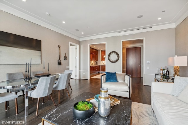77 E Walton Pl Unit 24E, Chicago, IL 60611 - living room featuring wood finished floors, ornamental molding, and recessed lighting