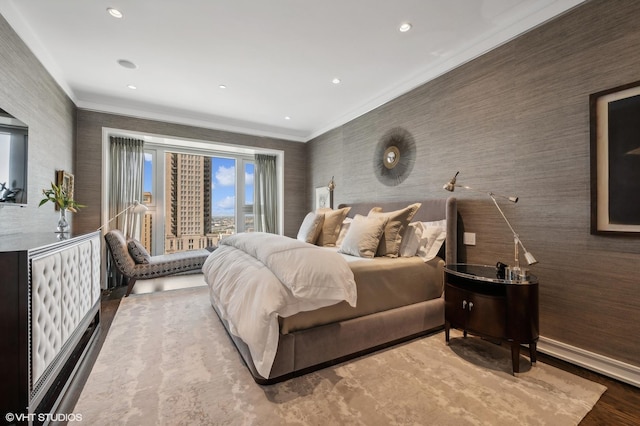 bedroom with recessed lighting, wallpapered walls, and crown molding