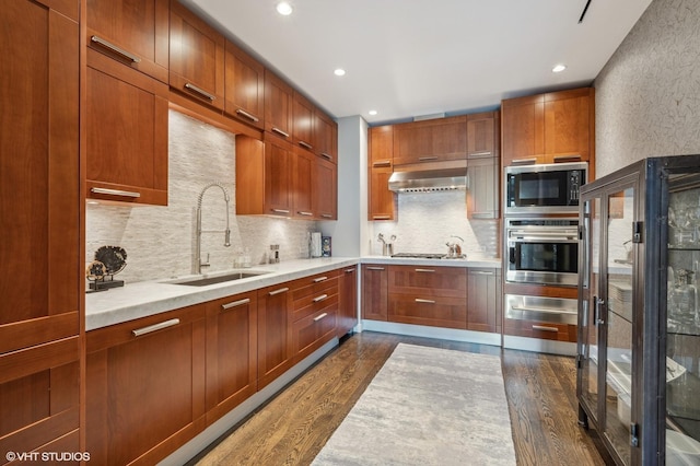 77 E Walton Pl Unit 24E, Chicago, IL 60611 - kitchen featuring appliances with stainless steel finishes, a sink, wall chimney exhaust hood, dark wood-style floors, and a warming drawer
