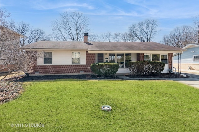 single story home featuring a front lawn, brick siding, and a chimney