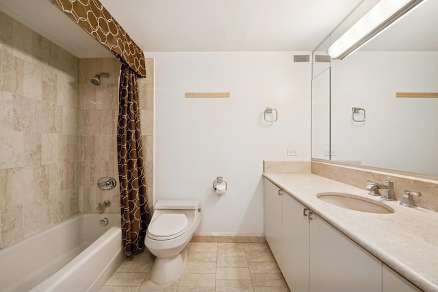 bathroom with toilet, shower / tub combo, tile patterned flooring, baseboards, and vanity