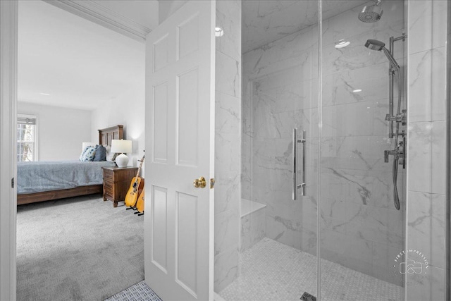 bathroom with a marble finish shower and connected bathroom