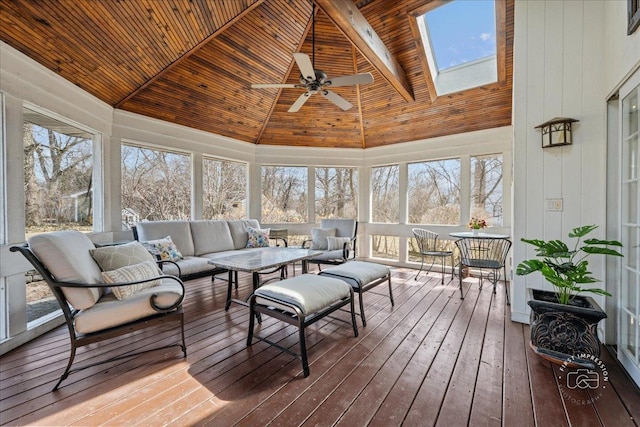 sunroom featuring lofted ceiling with skylight, wood ceiling, and ceiling fan