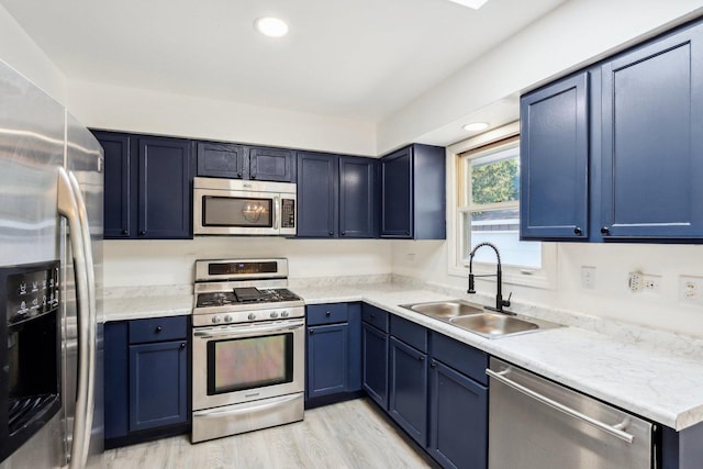 kitchen featuring blue cabinets, appliances with stainless steel finishes, and a sink