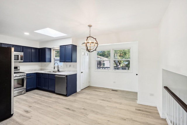 kitchen featuring a sink, light wood-style floors, appliances with stainless steel finishes, a skylight, and light countertops