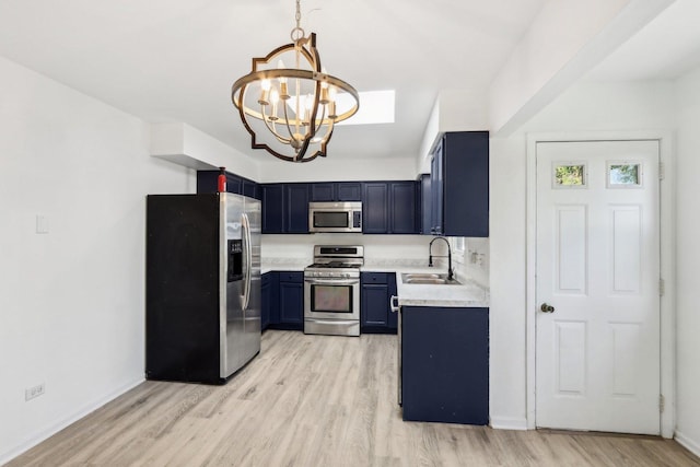 kitchen featuring light wood finished floors, a sink, light countertops, appliances with stainless steel finishes, and blue cabinets