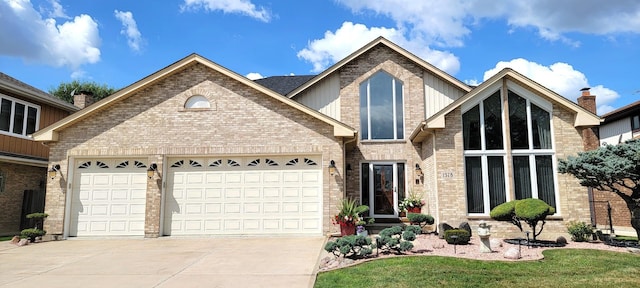 view of front of home featuring a garage, brick siding, and concrete driveway