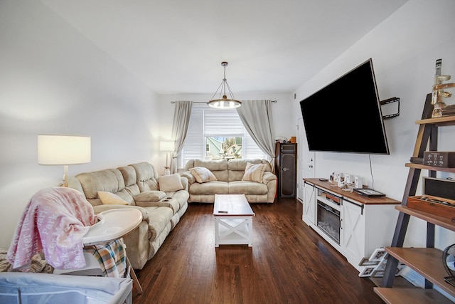 living area featuring dark wood-style floors