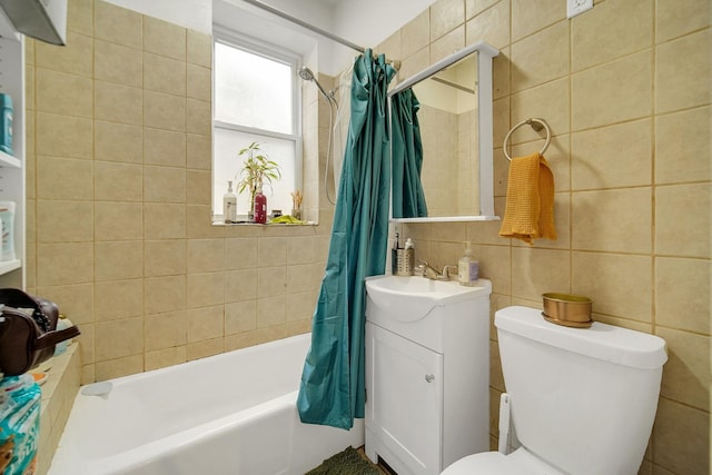 full bathroom featuring tasteful backsplash, tile walls, toilet, shower / tub combo with curtain, and vanity