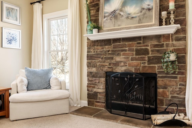 living area with a fireplace