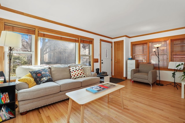 living room featuring baseboards, light wood-style flooring, and ornamental molding