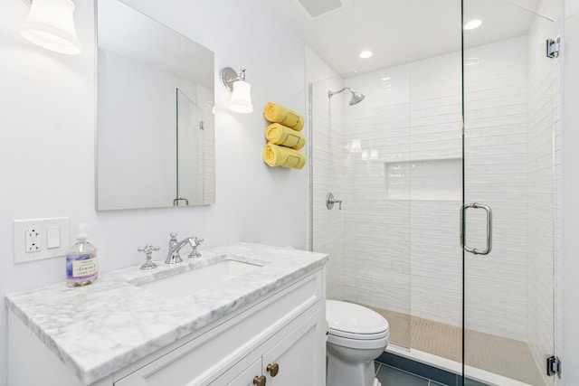 full bathroom featuring vanity, visible vents, recessed lighting, a stall shower, and toilet