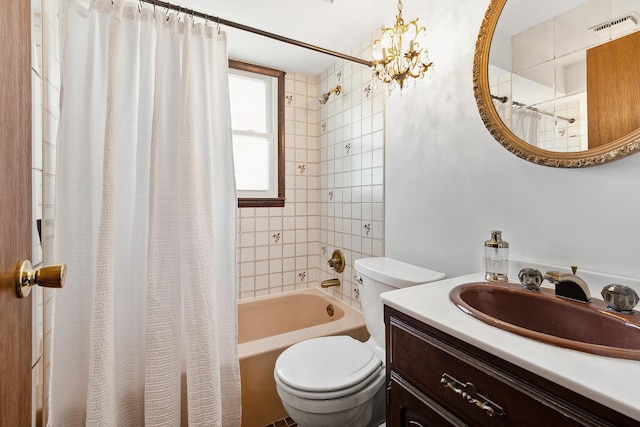 bathroom featuring visible vents, a chandelier, toilet, shower / tub combo, and vanity