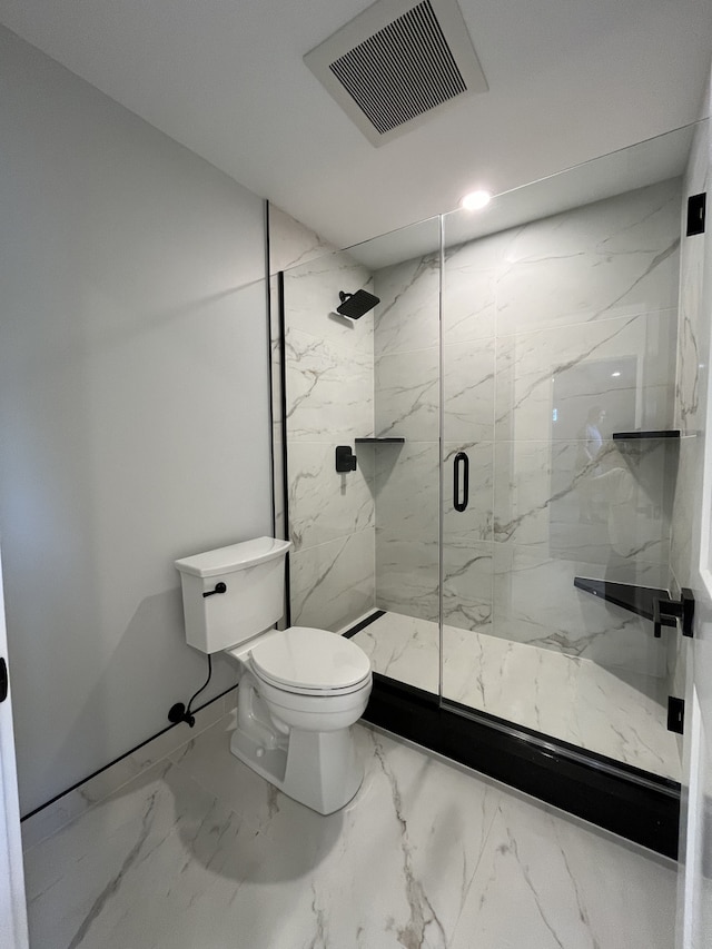 bathroom featuring a marble finish shower, visible vents, marble finish floor, and toilet