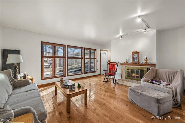 living area with a glass covered fireplace, rail lighting, and light wood-type flooring