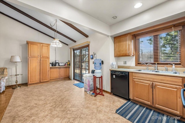 kitchen with baseboards, vaulted ceiling with beams, a sink, hanging light fixtures, and dishwasher