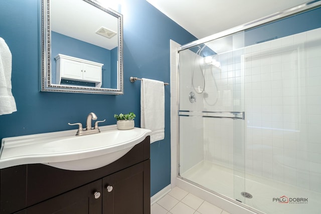 full bathroom featuring vanity, a shower stall, visible vents, and tile patterned floors